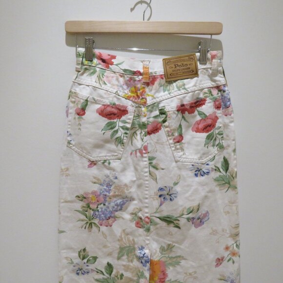 VINTAGE RALPH LAUREN Floral Midi Pencil Skirt in White Denim Preppy Cottagecore - Picture 13 of 16